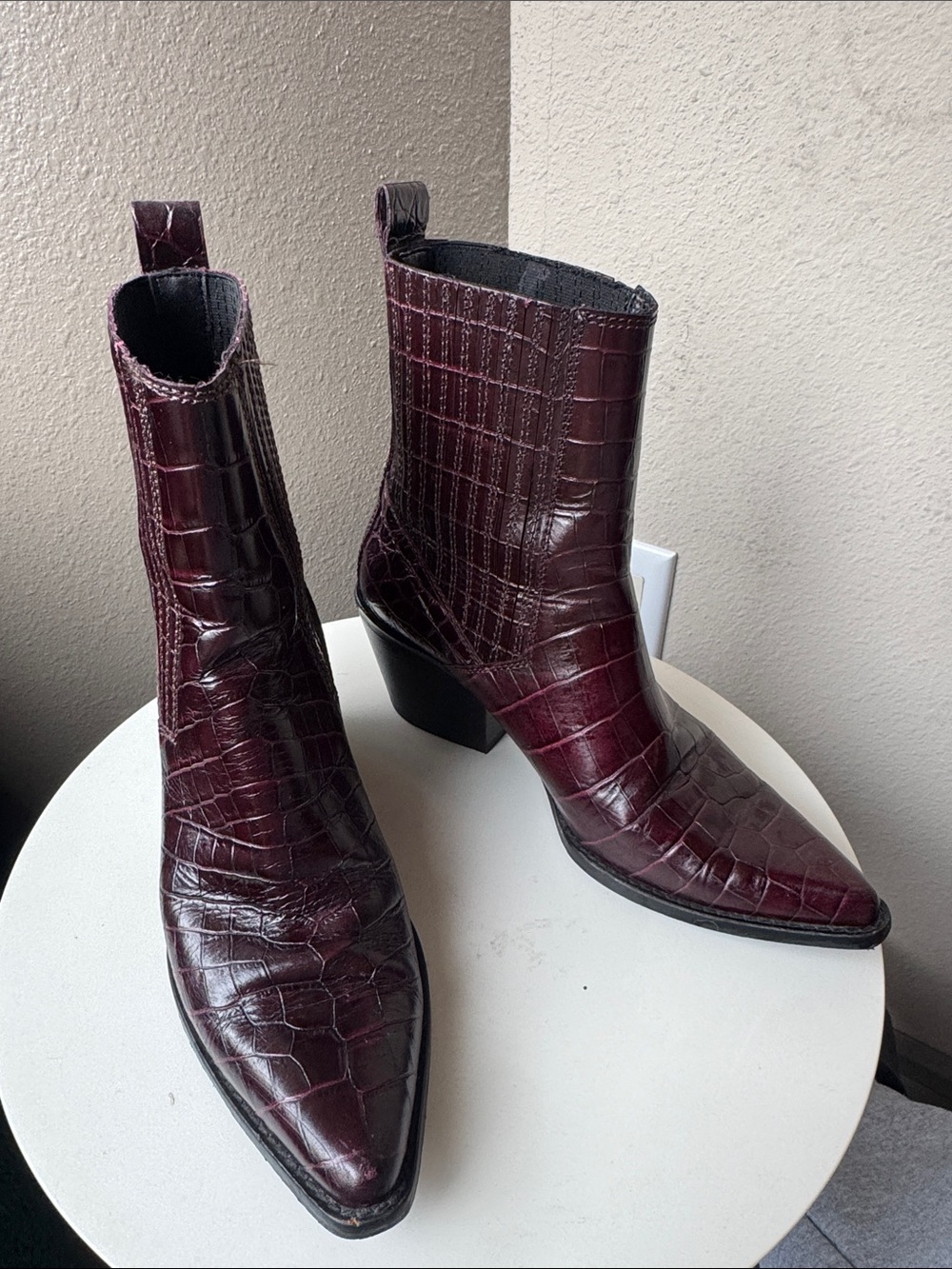 Zara Croc-Embossed Burgundy Pointed Toe Ankle Boots